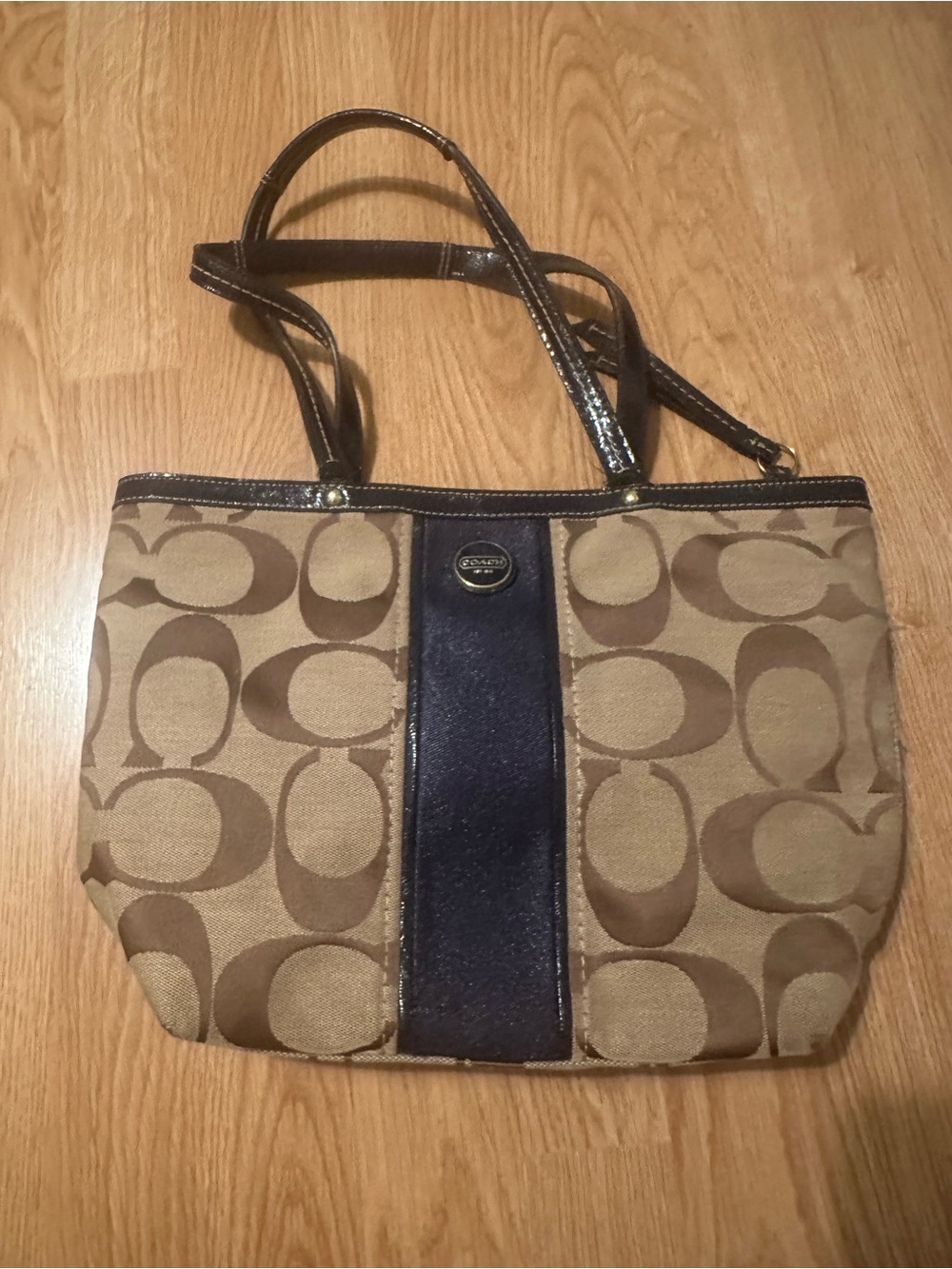Coach Brown Signature Canvas Tote with Navy Center Stripe - Picture 1 of 11